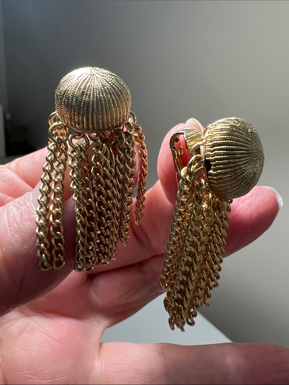 Golden Chain Tassel Dome Clip-On Earrings - Vintage